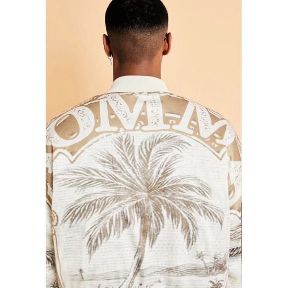 bohooMAN Boxy Satin Printed Bomber Men's Large Jacket Zip-Up Sand Varsity - Picture 2 of 8